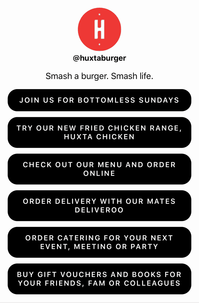 example link in bio page from @huxtaburger