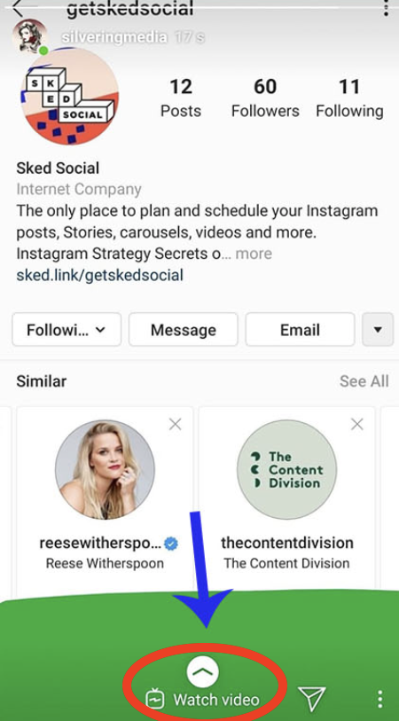 Insta Story showing watch IGTV video link up